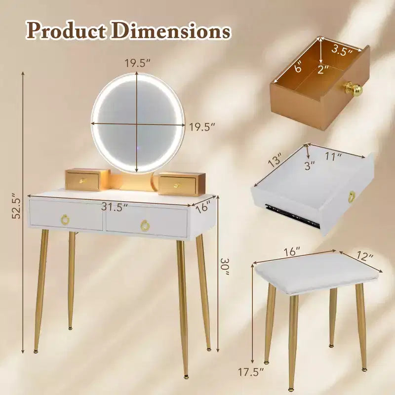 Coiffeuse Costway avec tabouret et miroir lumineux 3 couleurs avec tiroirs Gris/Blanc