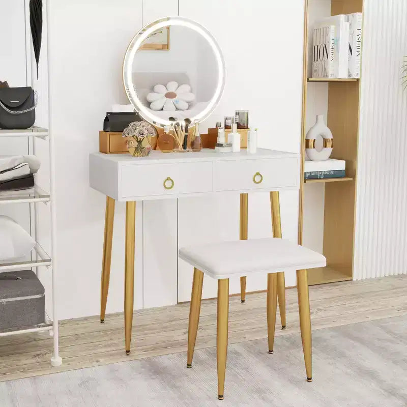 Coiffeuse Costway avec tabouret et miroir lumineux 3 couleurs avec tiroirs Gris/Blanc