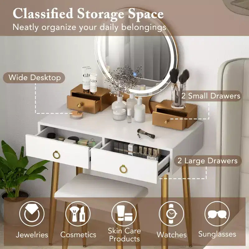 Coiffeuse Costway avec tabouret et miroir lumineux 3 couleurs avec tiroirs Gris/Blanc