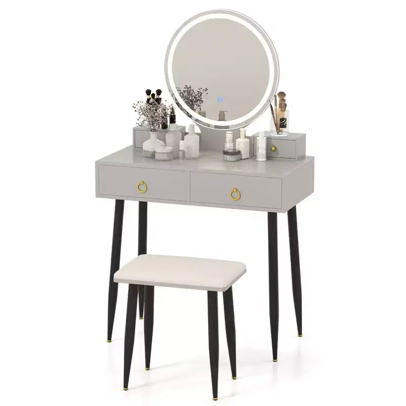 Coiffeuse Costway avec tabouret et miroir lumineux 3 couleurs avec tiroirs Gris/Blanc