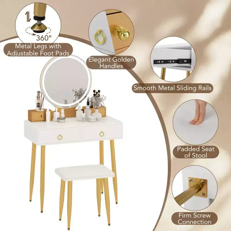 Coiffeuse Costway avec tabouret et miroir lumineux 3 couleurs avec tiroirs Gris/Blanc