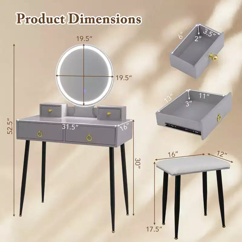 Coiffeuse Costway avec tabouret et miroir lumineux 3 couleurs avec tiroirs Gris/Blanc