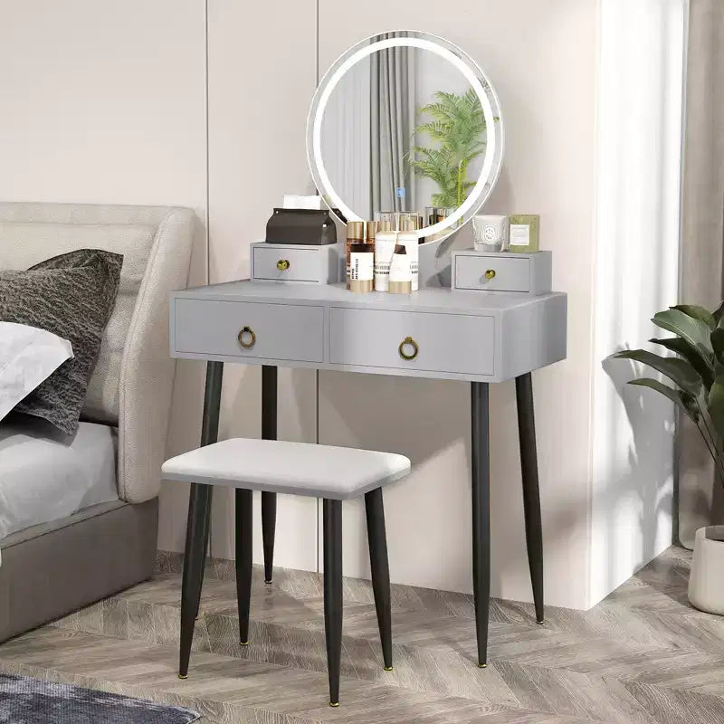 Coiffeuse Costway avec tabouret et miroir lumineux 3 couleurs avec tiroirs Gris/Blanc