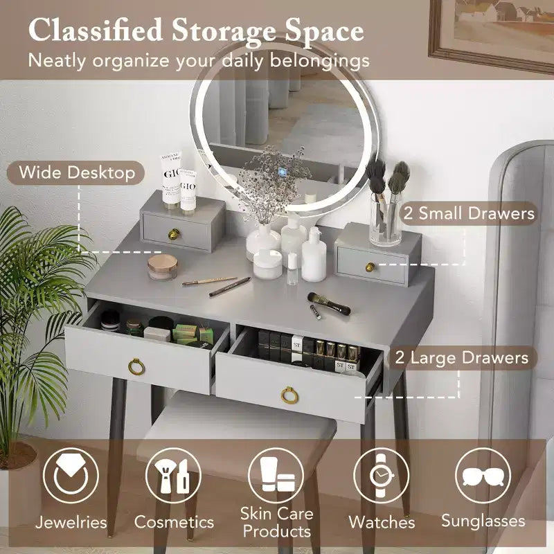 Coiffeuse Costway avec tabouret et miroir lumineux 3 couleurs avec tiroirs Gris/Blanc