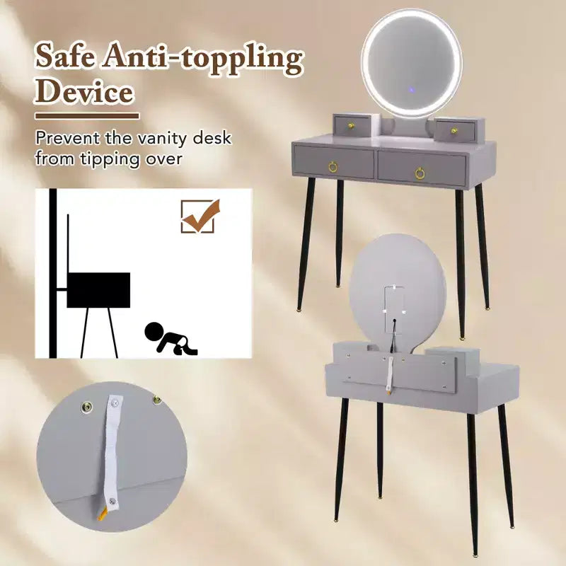 Coiffeuse Costway avec tabouret et miroir lumineux 3 couleurs avec tiroirs Gris/Blanc