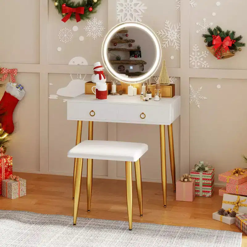 Coiffeuse Costway avec tabouret et miroir lumineux 3 couleurs avec tiroirs Gris/Blanc