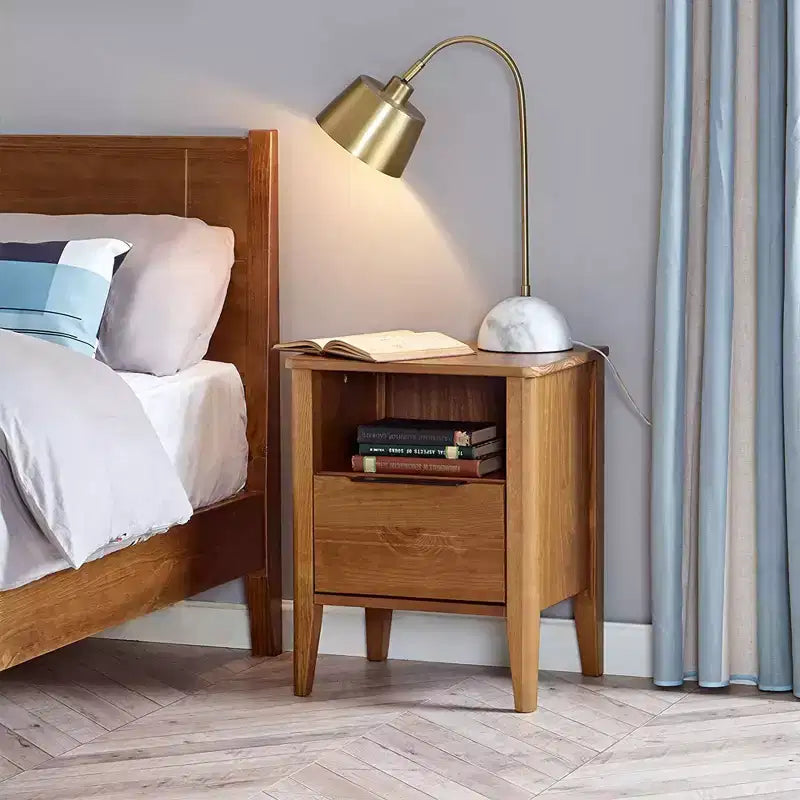 MUSEHOMEINC Table de chevet classique à 1 tiroir en bois pour chambre à coucher, table d'appoint pour salon avec armoire ouverte et pieds coniques, brun miel