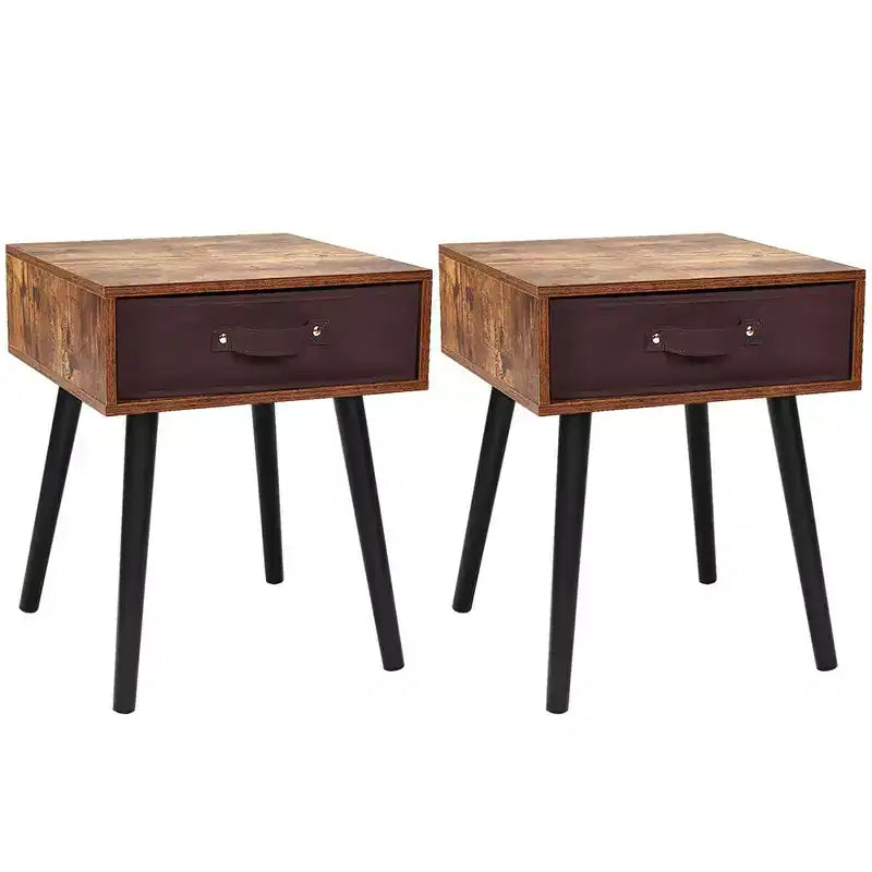 Costway Set of 2 Mid-Century Nightstand End Accent Bedside Table W/ Drawer Rustic White\Brown