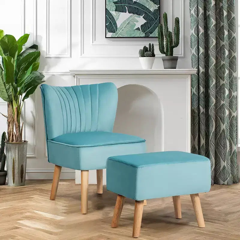 Fauteuil et ottoman de loisirs Costway, ensemble de canapés capitonnés en velours épais avec pieds en bois Rose\Bleu\Vert