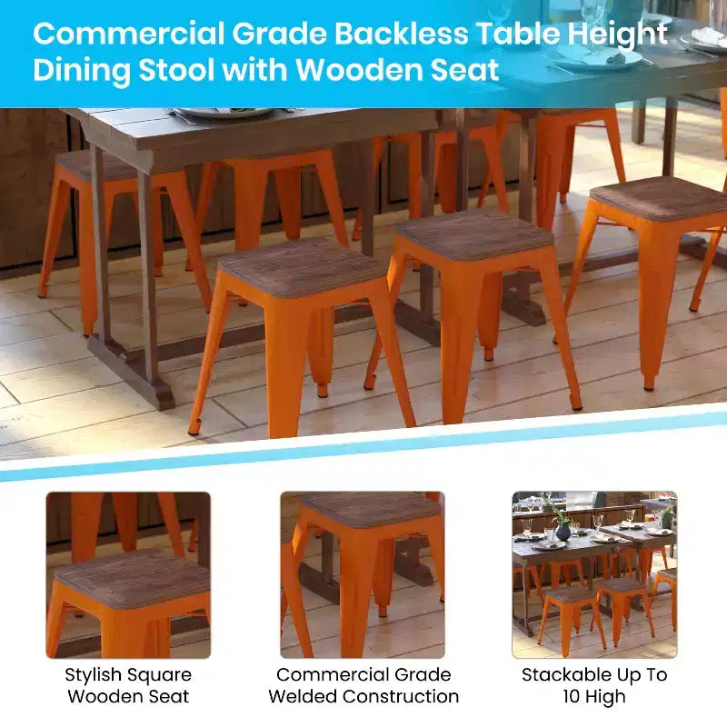 Flash Furniture Tabouret de bar sans dossier de 45,7 cm avec assise en bois, tabouret de salle à manger intérieur en métal empilable, de qualité commerciale – Lot de 4
