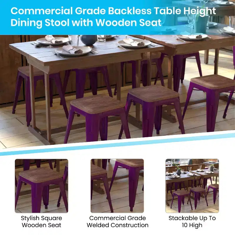 Flash Furniture Tabouret de bar sans dossier de 45,7 cm avec assise en bois, tabouret de salle à manger intérieur en métal empilable, de qualité commerciale – Lot de 4
