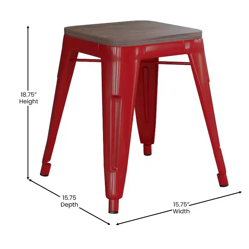 Flash Furniture Tabouret de bar sans dossier de 45,7 cm avec assise en bois, tabouret de salle à manger intérieur en métal empilable, de qualité commerciale – Lot de 4