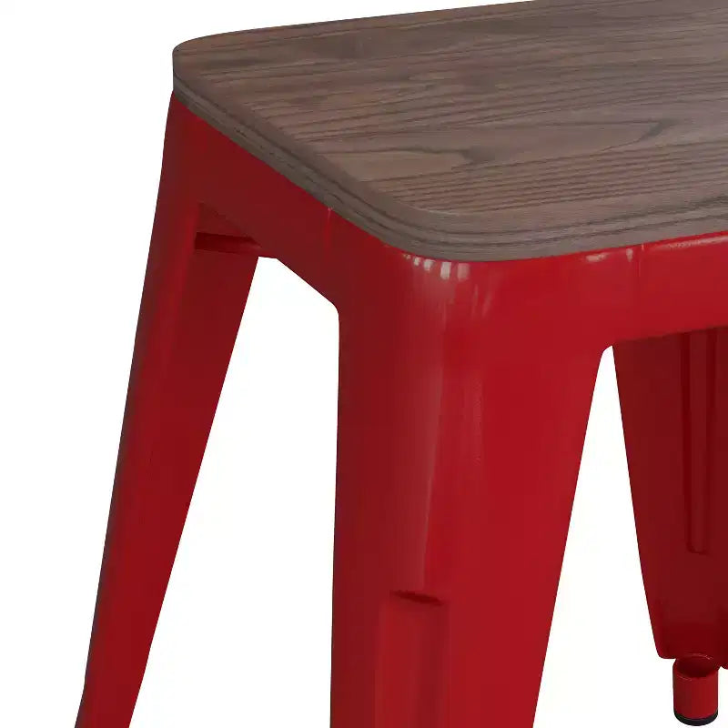 Flash Furniture Tabouret de bar sans dossier de 45,7 cm avec assise en bois, tabouret de salle à manger intérieur en métal empilable, de qualité commerciale – Lot de 4