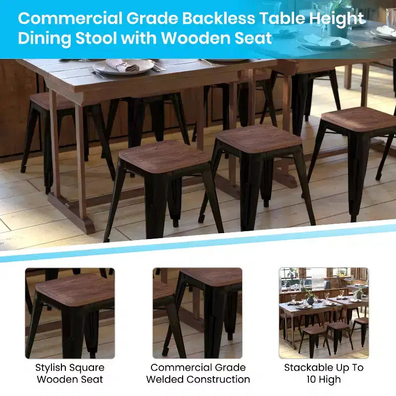 Flash Furniture Tabouret de bar sans dossier de 45,7 cm avec assise en bois, tabouret de salle à manger intérieur en métal empilable, de qualité commerciale – Lot de 4