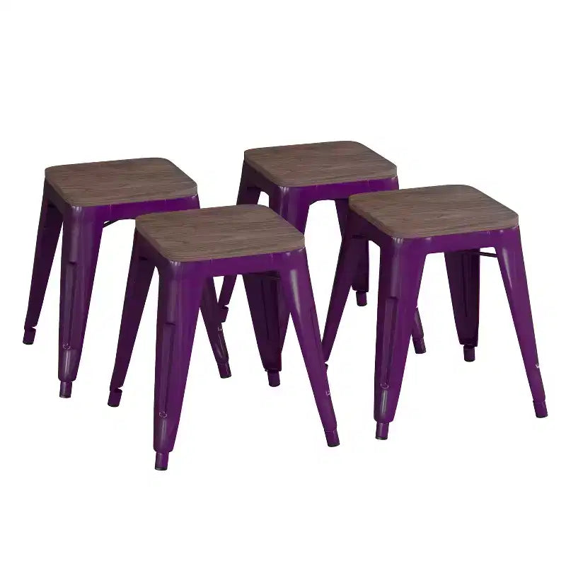 Flash Furniture Tabouret de bar sans dossier de 45,7 cm avec assise en bois, tabouret de salle à manger intérieur en métal empilable, de qualité commerciale – Lot de 4