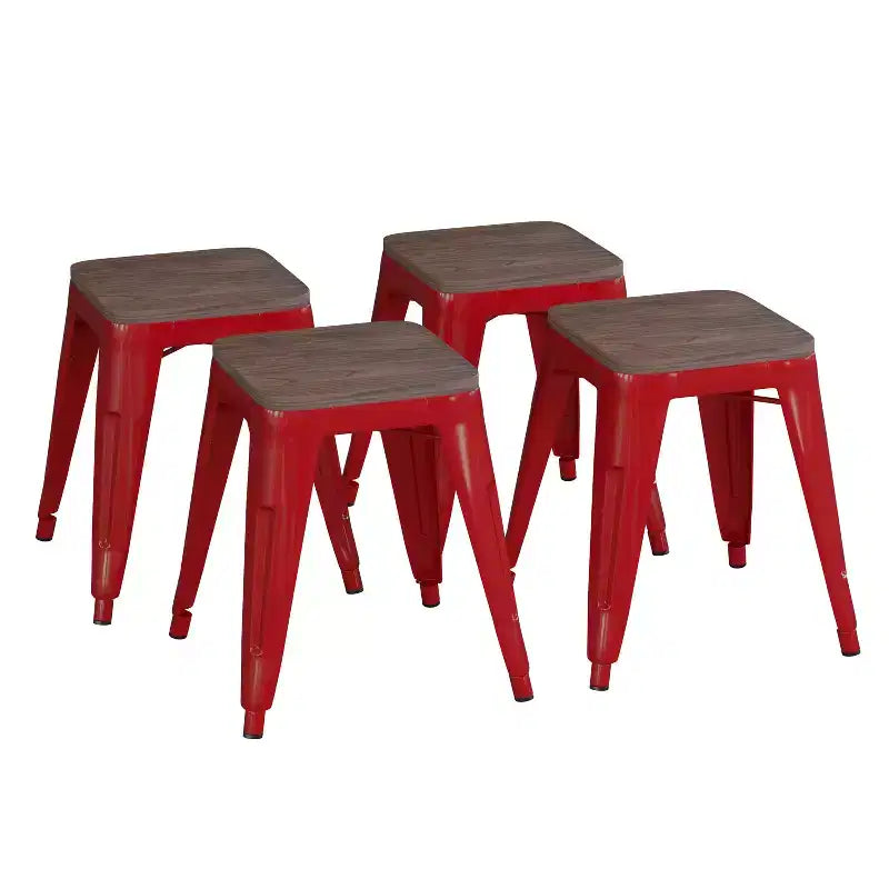 Flash Furniture Tabouret de bar sans dossier de 45,7 cm avec assise en bois, tabouret de salle à manger intérieur en métal empilable, de qualité commerciale – Lot de 4