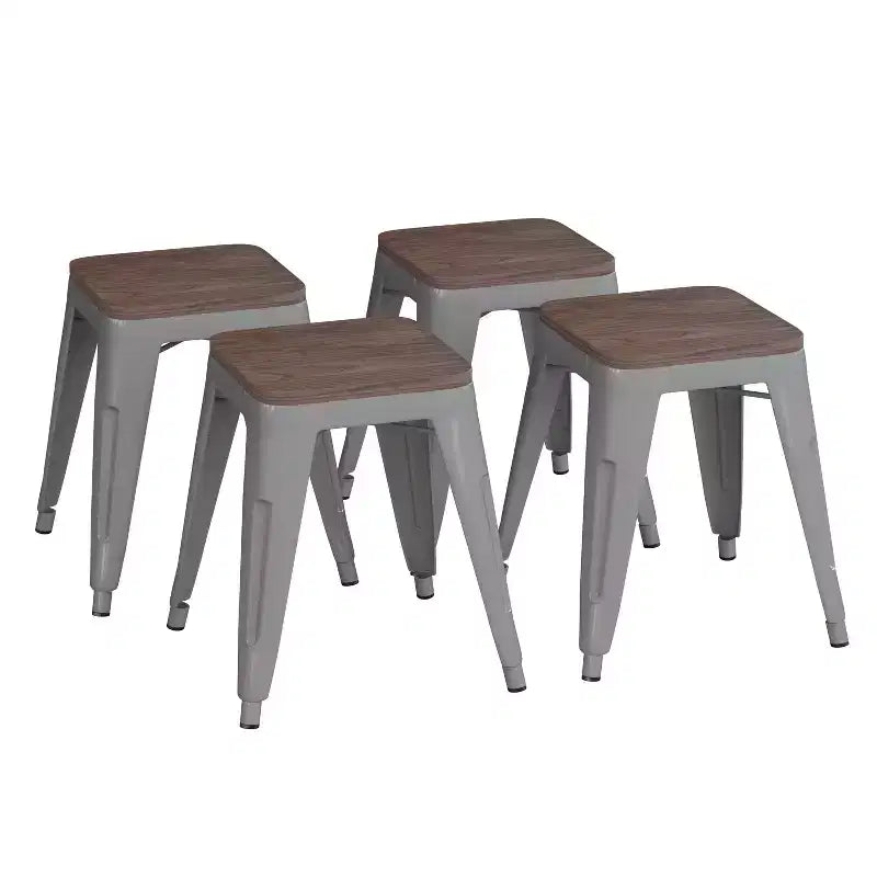 Flash Furniture Tabouret de bar sans dossier de 45,7 cm avec assise en bois, tabouret de salle à manger intérieur en métal empilable, de qualité commerciale – Lot de 4