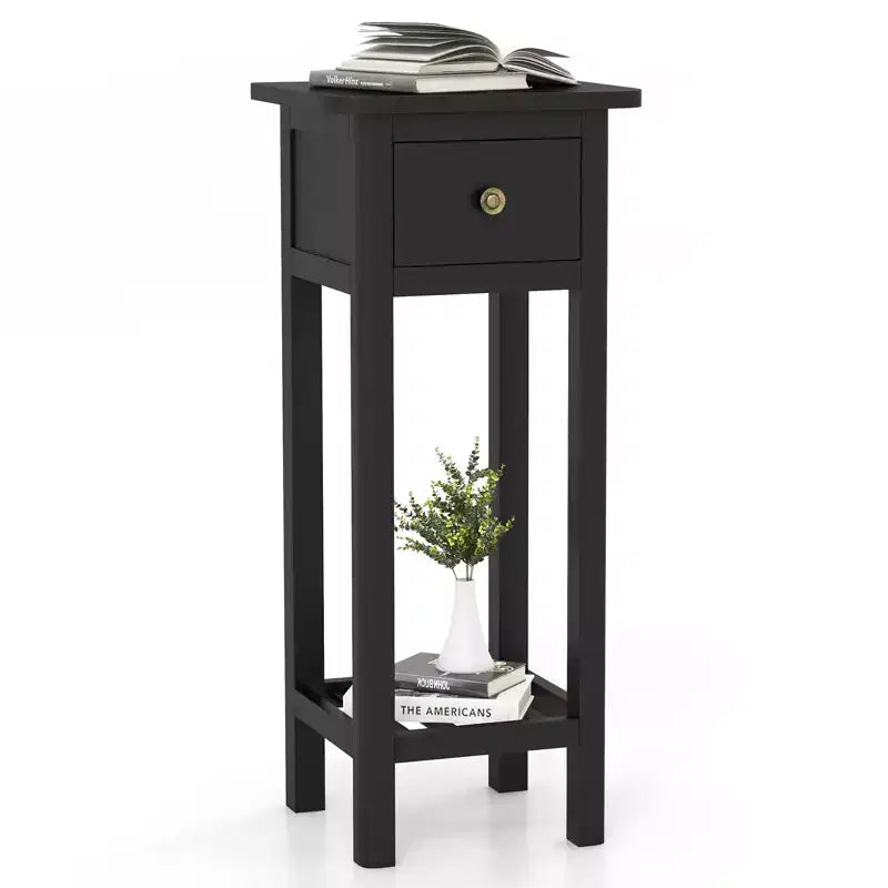 Costway Solid Wood Side Table Telephone Table with Drawer & Open Shelf for Living Room