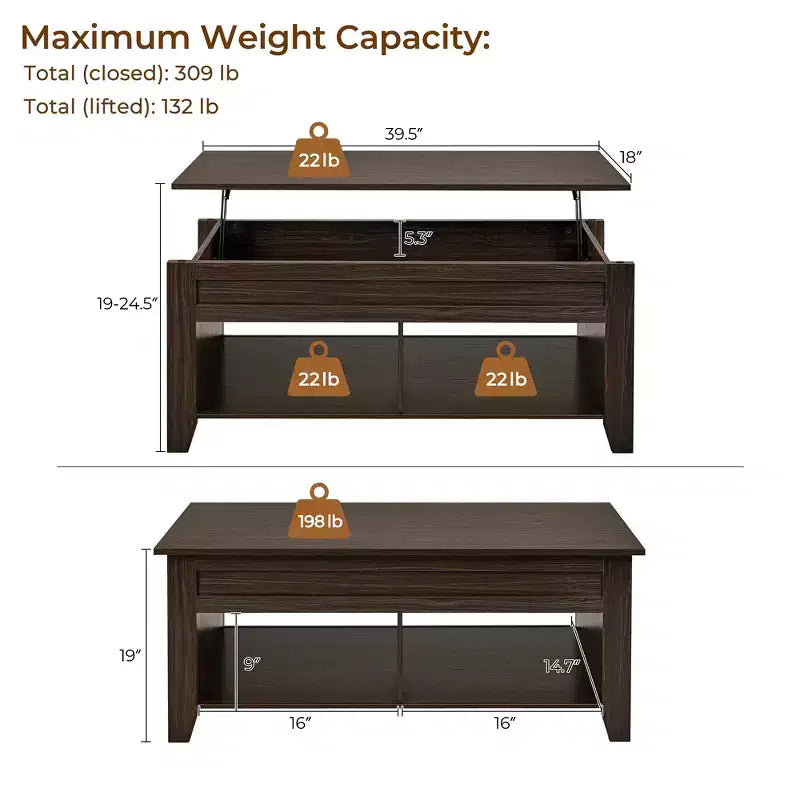 Table basse relevable Yaheetech avec rangement et 2 étagères ouvertes pour salon, salle de réception, bureau