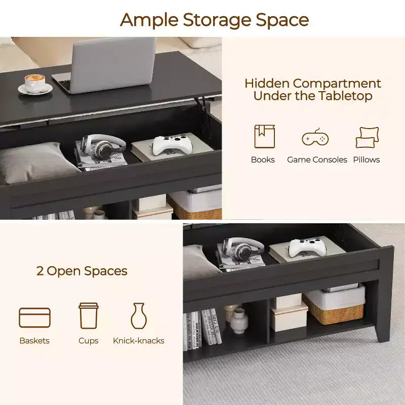 Table basse relevable Yaheetech avec rangement et 2 étagères ouvertes pour salon, salle de réception, bureau