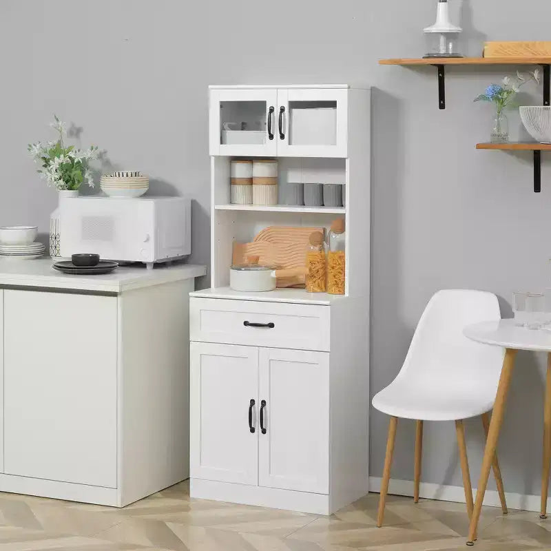 HOMCOM Meuble de cuisine autoportant de 161,3 cm, buffet à 4 portes avec huche, meuble de rangement pour bar à café avec étagères réglables, blanc