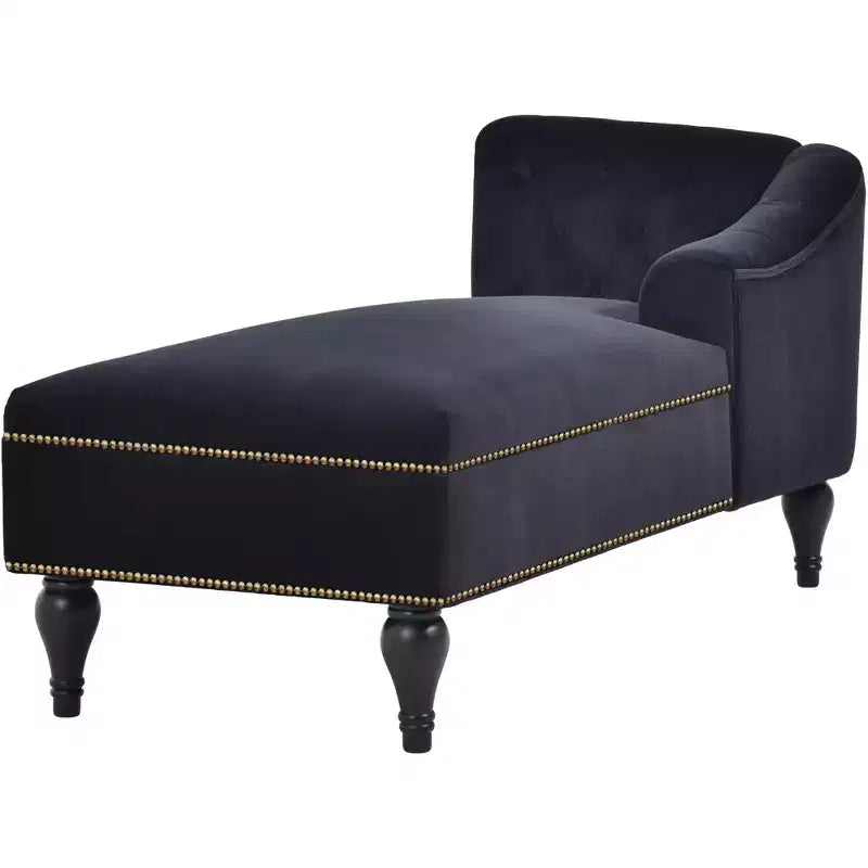 Canapé long 58 po en velours, chaise longue de jour avec accoudoir droit et dossier capitonné, garniture cloutée et pieds en bois massif, noir - ModernLuxe