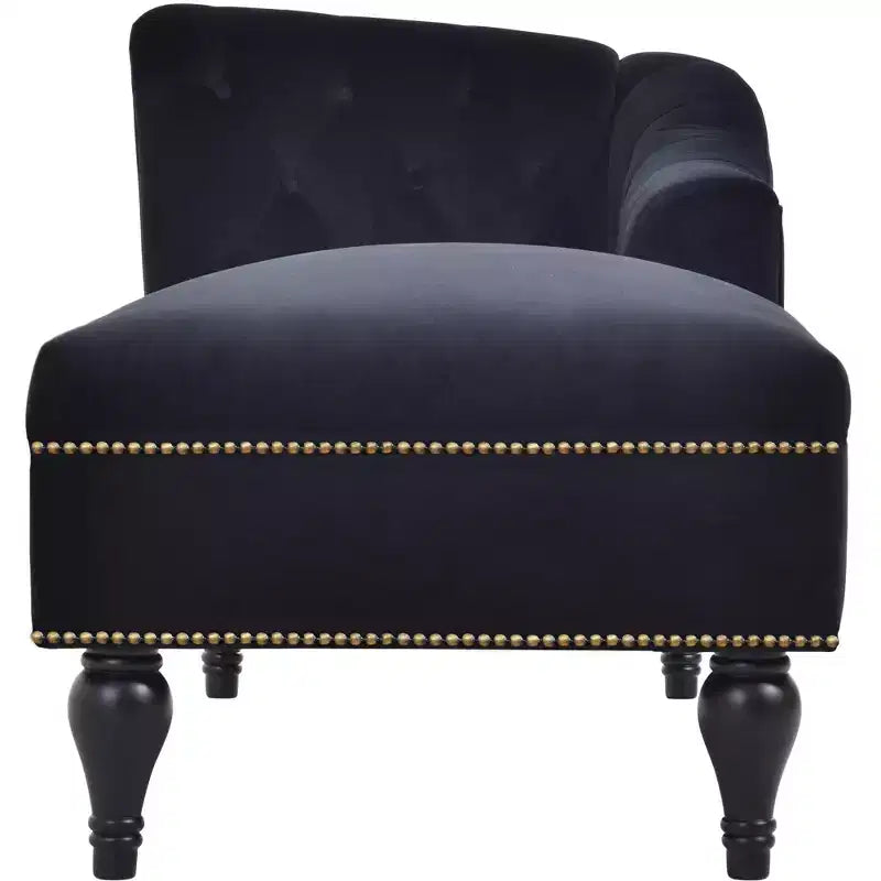 Canapé long 58 po en velours, chaise longue de jour avec accoudoir droit et dossier capitonné, garniture cloutée et pieds en bois massif, noir - ModernLuxe