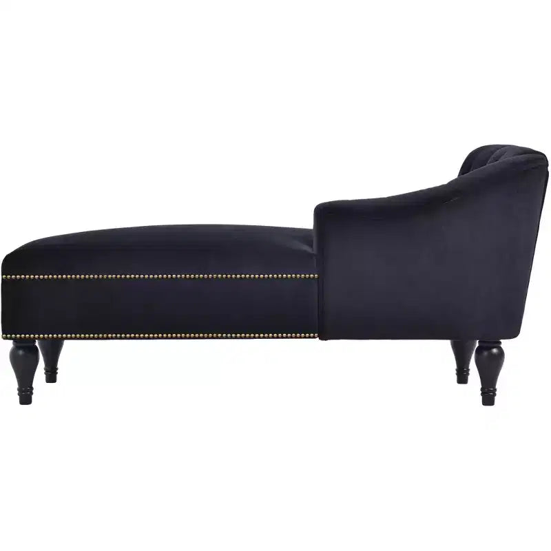 Canapé long 58 po en velours, chaise longue de jour avec accoudoir droit et dossier capitonné, garniture cloutée et pieds en bois massif, noir - ModernLuxe