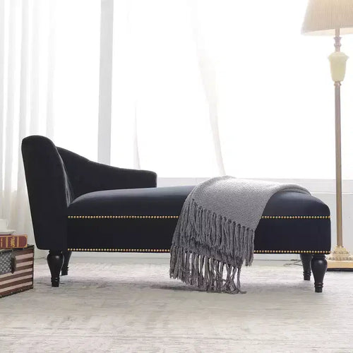 Canapé long 58 po en velours, chaise longue de jour avec accoudoir droit et dossier capitonné, garniture cloutée et pieds en bois massif, noir - ModernLuxe
