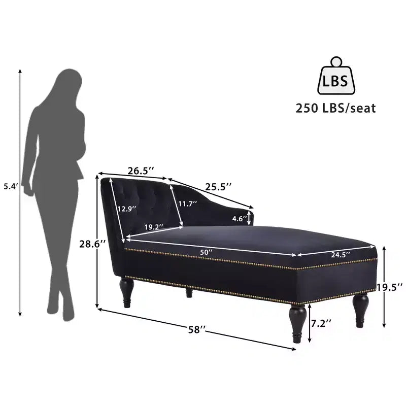 Canapé long 58 po en velours, chaise longue de jour avec accoudoir droit et dossier capitonné, garniture cloutée et pieds en bois massif, noir - ModernLuxe
