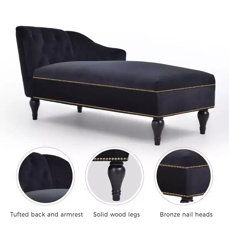 Canapé long 58 po en velours, chaise longue de jour avec accoudoir droit et dossier capitonné, garniture cloutée et pieds en bois massif, noir - ModernLuxe