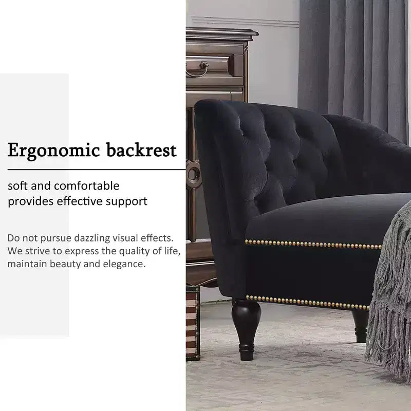 Canapé long 58 po en velours, chaise longue de jour avec accoudoir droit et dossier capitonné, garniture cloutée et pieds en bois massif, noir - ModernLuxe
