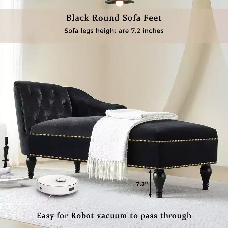 Canapé long 58 po en velours, chaise longue de jour avec accoudoir droit et dossier capitonné, garniture cloutée et pieds en bois massif, noir - ModernLuxe