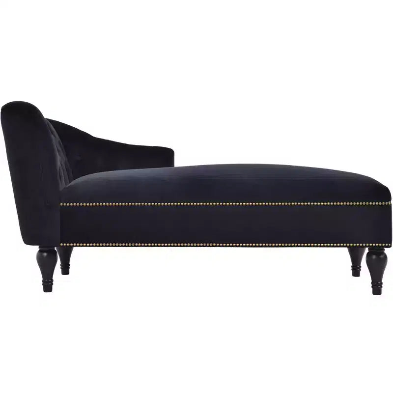 Canapé long 58 po en velours, chaise longue de jour avec accoudoir droit et dossier capitonné, garniture cloutée et pieds en bois massif, noir - ModernLuxe