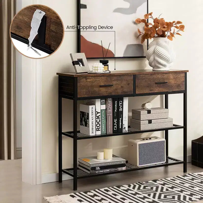 Table Console Costway avec 2 Tiroirs pour Entrée Salon, Marron Rustique/Noyer