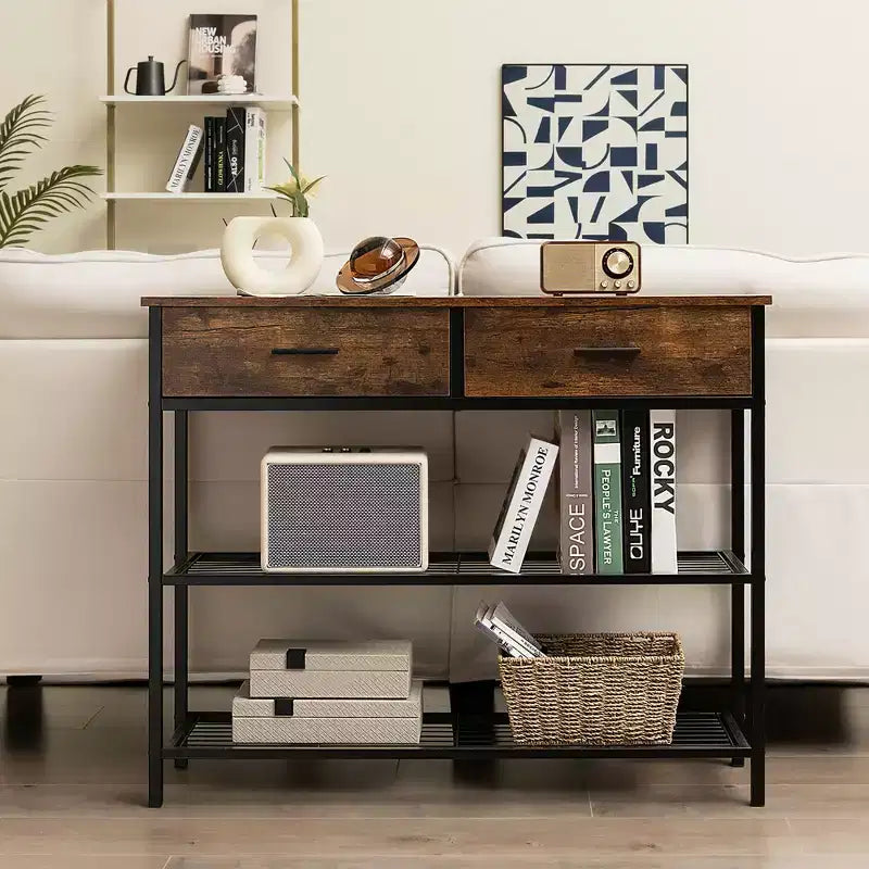 Table Console Costway avec 2 Tiroirs pour Entrée Salon, Marron Rustique/Noyer
