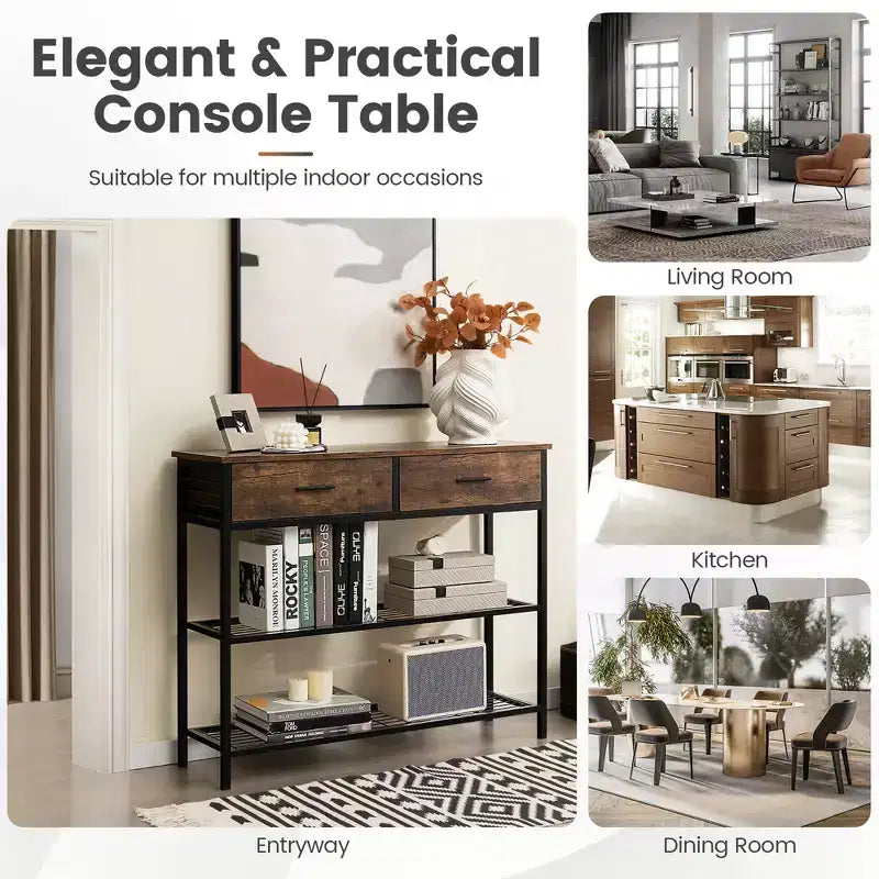 Table Console Costway avec 2 Tiroirs pour Entrée Salon, Marron Rustique/Noyer