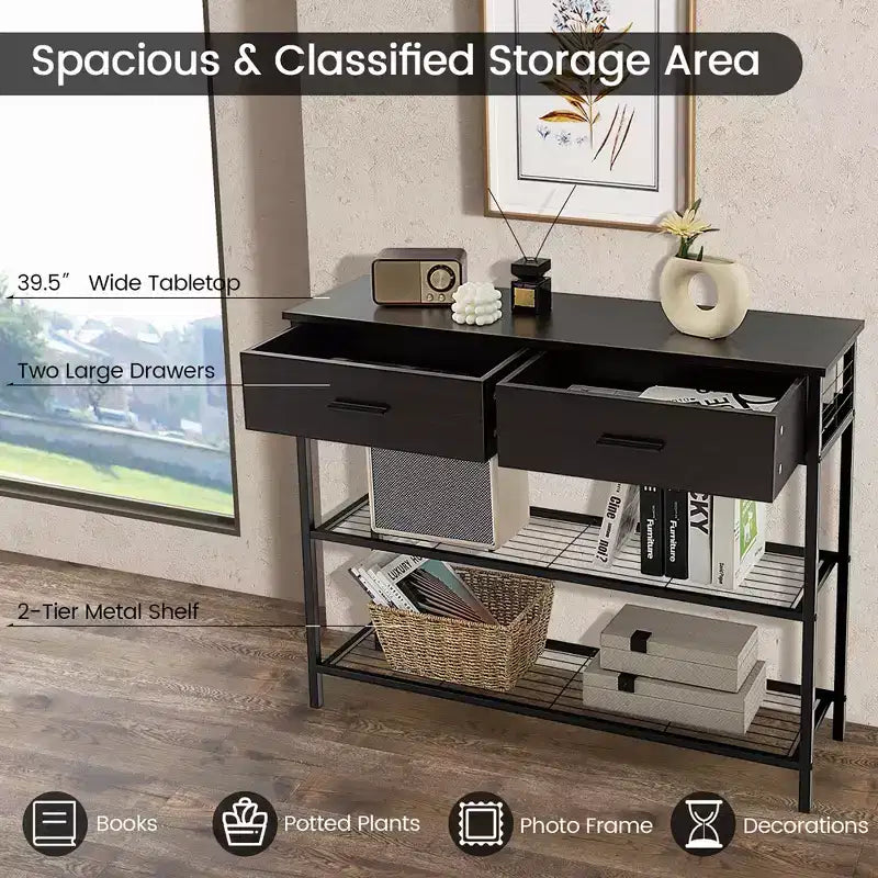 Table Console Costway avec 2 Tiroirs pour Entrée Salon, Marron Rustique/Noyer