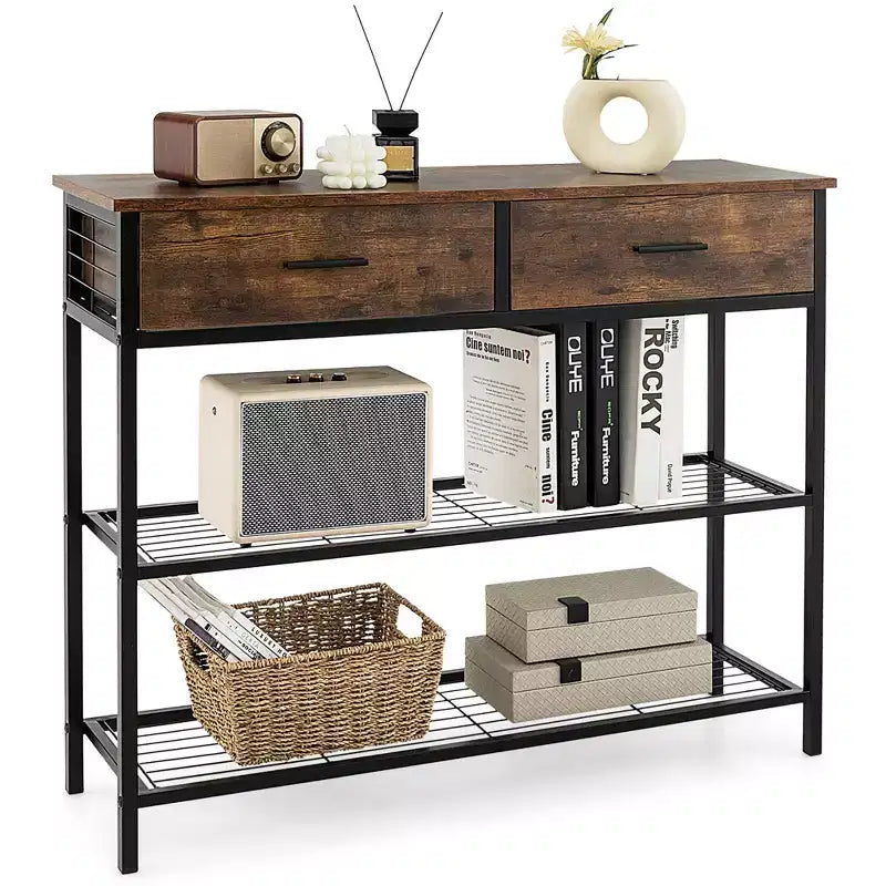 Table Console Costway avec 2 Tiroirs pour Entrée Salon, Marron Rustique/Noyer