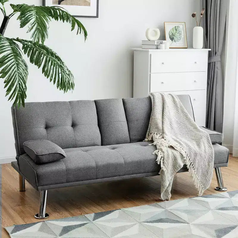Costway Canapé-lit futon convertible pliant en tissu avec 2 porte-gobelets Gris clair/Gris foncé