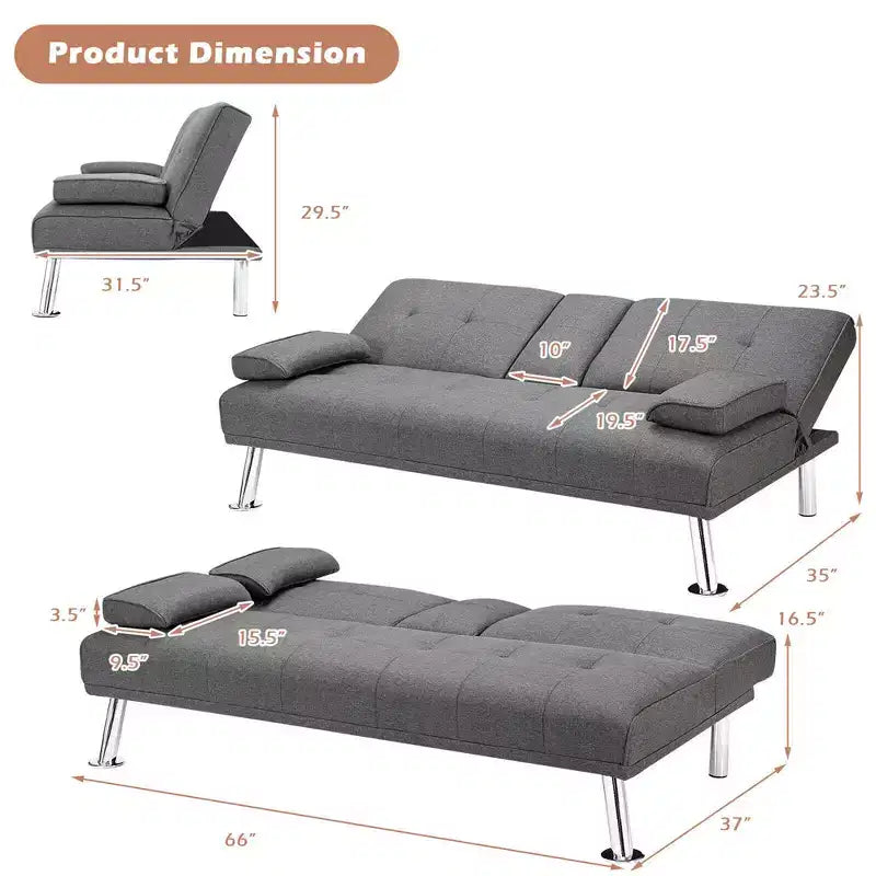 Costway Canapé-lit futon convertible pliant en tissu avec 2 porte-gobelets Gris clair/Gris foncé