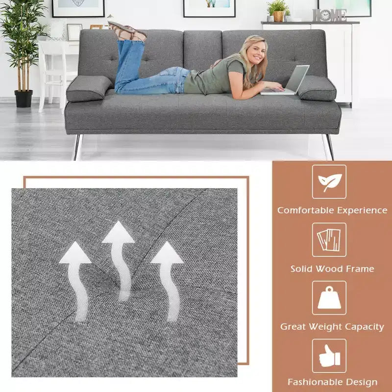 Costway Canapé-lit futon convertible pliant en tissu avec 2 porte-gobelets Gris clair/Gris foncé