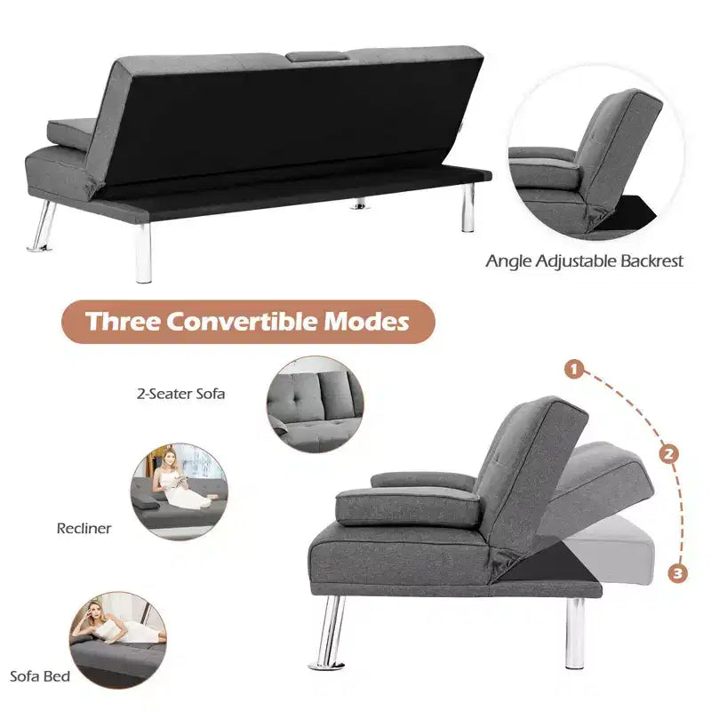 Costway Canapé-lit futon convertible pliant en tissu avec 2 porte-gobelets Gris clair/Gris foncé
