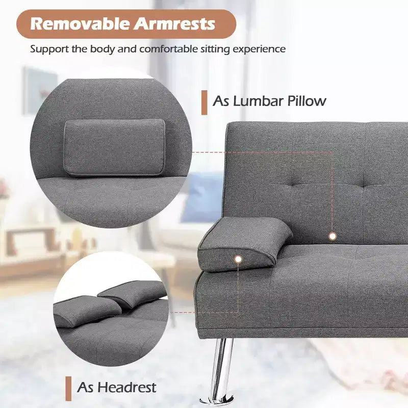 Costway Canapé-lit futon convertible pliant en tissu avec 2 porte-gobelets Gris clair/Gris foncé