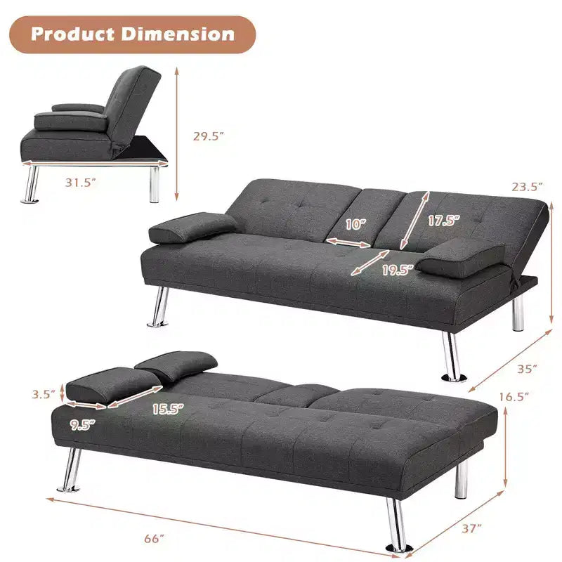Costway Canapé-lit futon convertible pliant en tissu avec 2 porte-gobelets Gris clair/Gris foncé