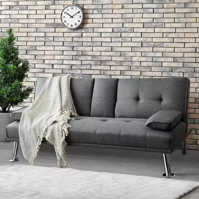Costway Canapé-lit futon convertible pliant en tissu avec 2 porte-gobelets Gris clair/Gris foncé
