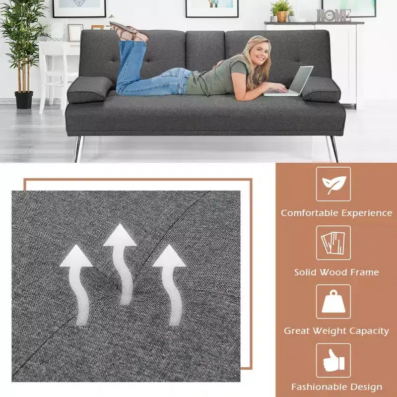 Costway Canapé-lit futon convertible pliant en tissu avec 2 porte-gobelets Gris clair/Gris foncé
