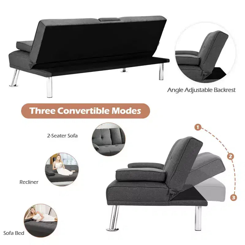 Costway Canapé-lit futon convertible pliant en tissu avec 2 porte-gobelets Gris clair/Gris foncé