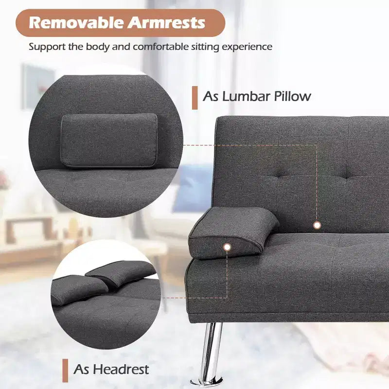 Costway Canapé-lit futon convertible pliant en tissu avec 2 porte-gobelets Gris clair/Gris foncé