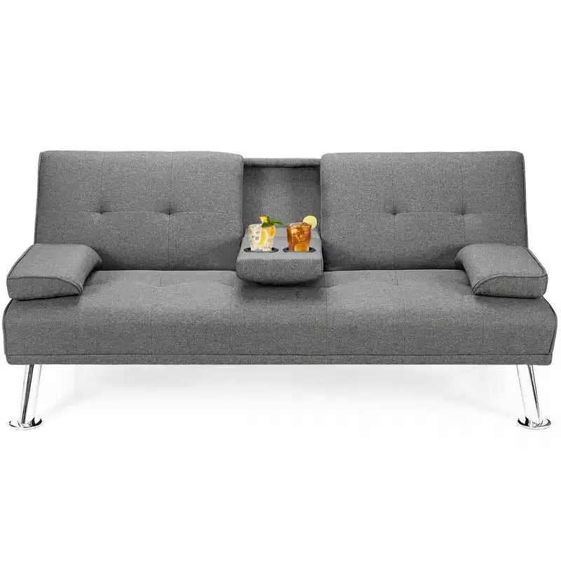 Costway Canapé-lit futon convertible pliant en tissu avec 2 porte-gobelets Gris clair/Gris foncé